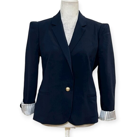 ZARA BASIC Women’s Navy Blazer Elegant Classic Fit with Stretch Fabric Work Sz L - Picture 1 of 12